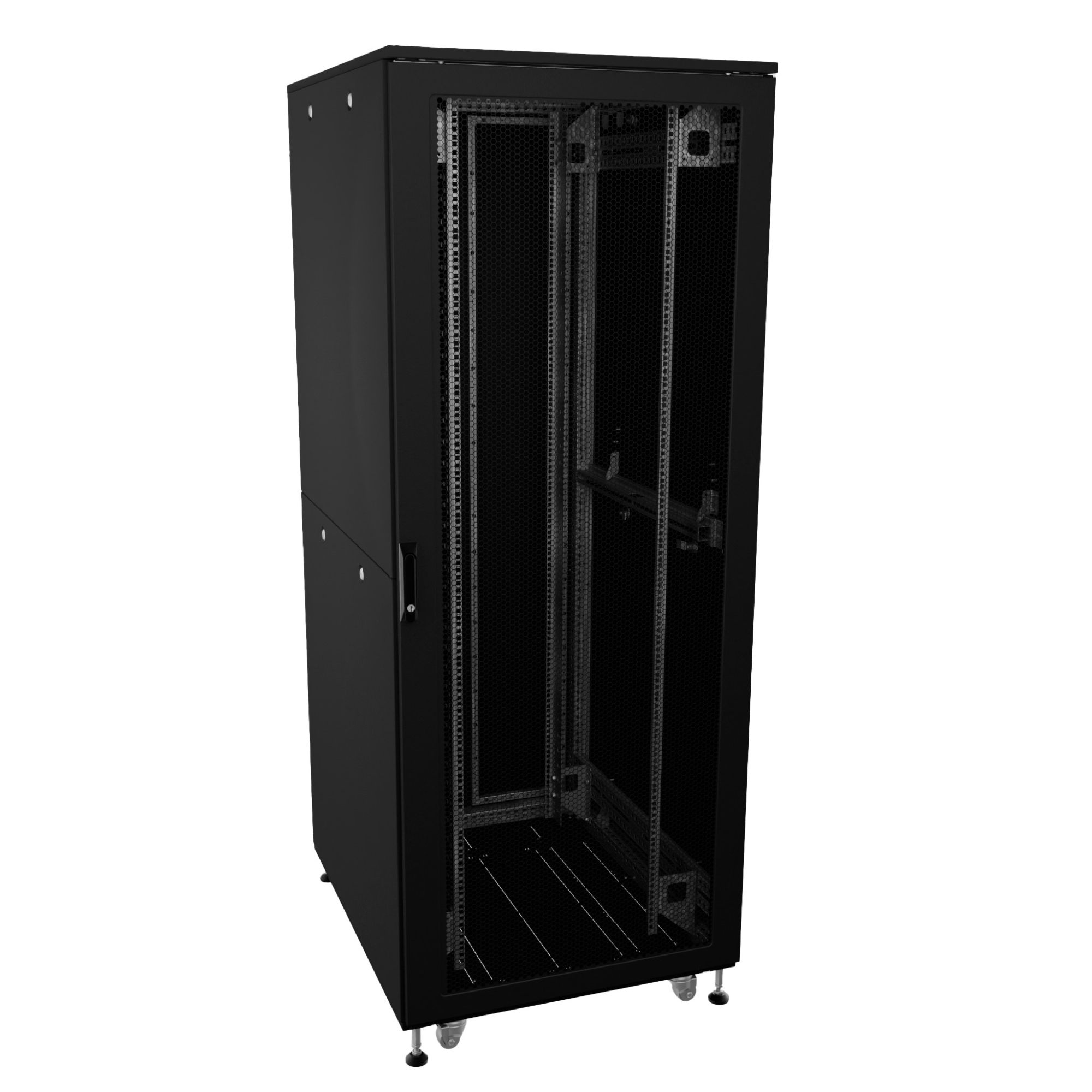 Шкаф ДКС телекоммуникационный, Серия Т, напольный, разобранный 19", 24U 600x600мм, крыша с вырубкой, дверь перф. и перф., одинарные боковые панели, черный RAL9005
