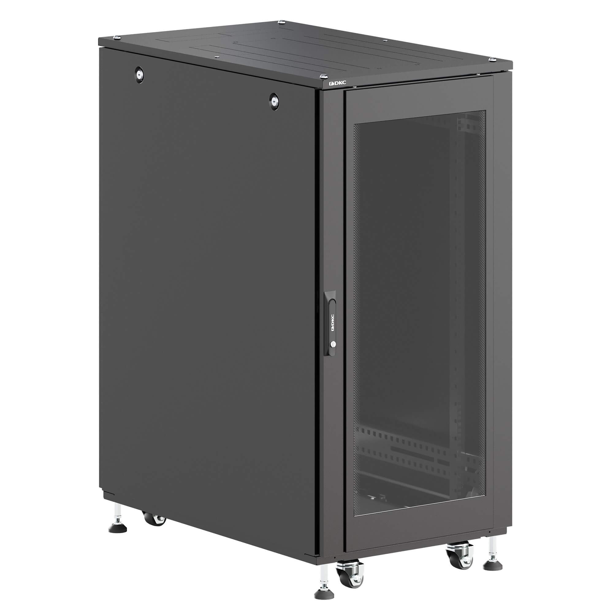 Шкаф ДКС телекоммуникационный, Серия Т, напольный, разобранный 19", 24U 600x600мм, крыша с вырубкой, дверь стекло и сплошная металл, одинарные боковые панели, черный RAL9005