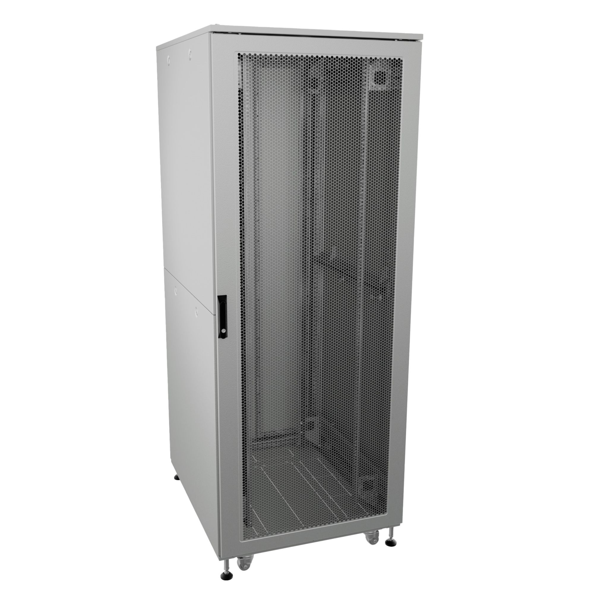 Шкаф ДКС телекоммуникационный, Серия Т, напольный, разобранный 19", 24U 600x800мм, крыша с вырубкой, дверь перф. и перф., одинарные боковые панели, серый RAL7035