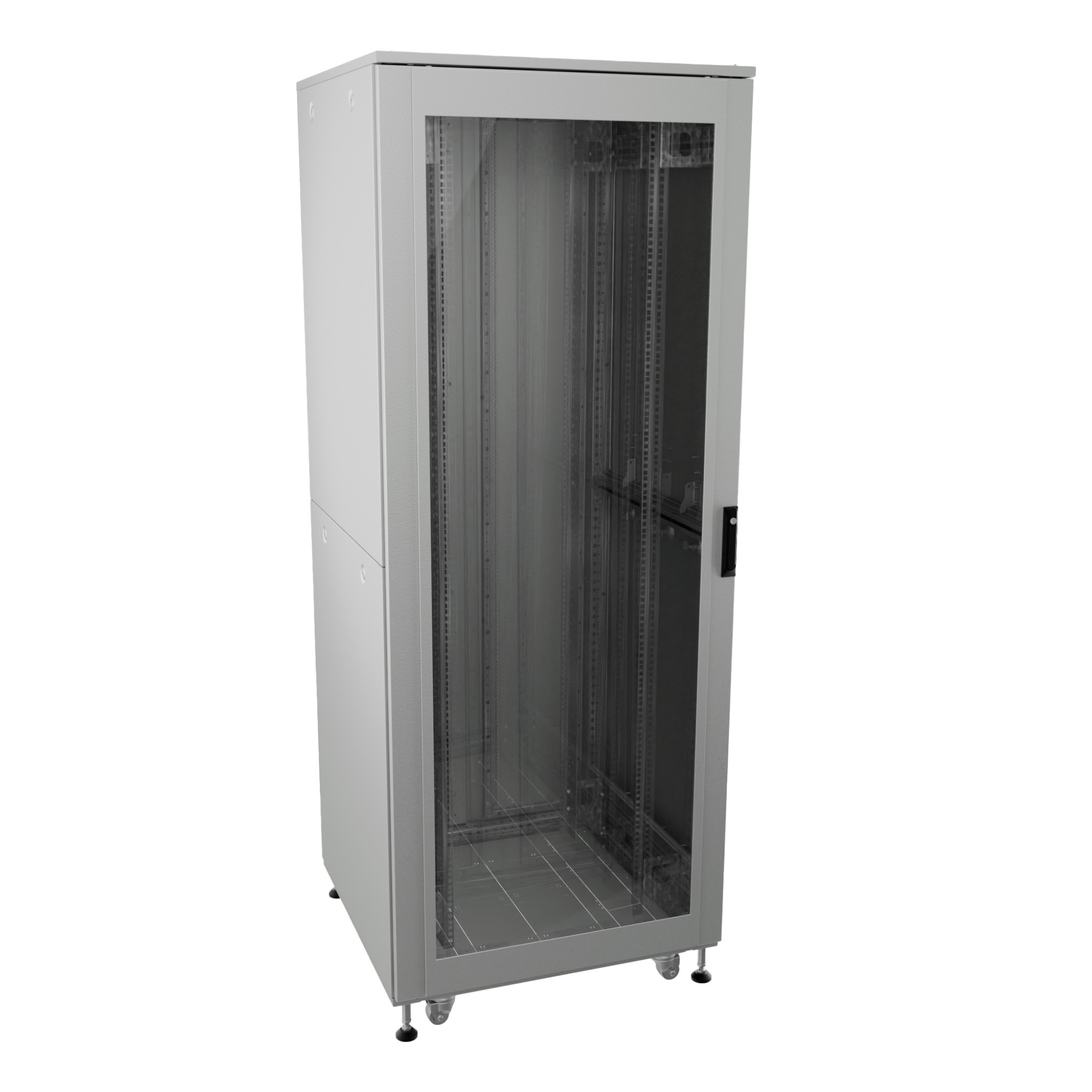 Шкаф ДКС телекоммуникационный, Серия Т, напольный, разобранный 19", 32U 600x600мм, крыша с вырубкой, дверь стекло и сплошная металл, одинарные боковые панели, серый RAL7035