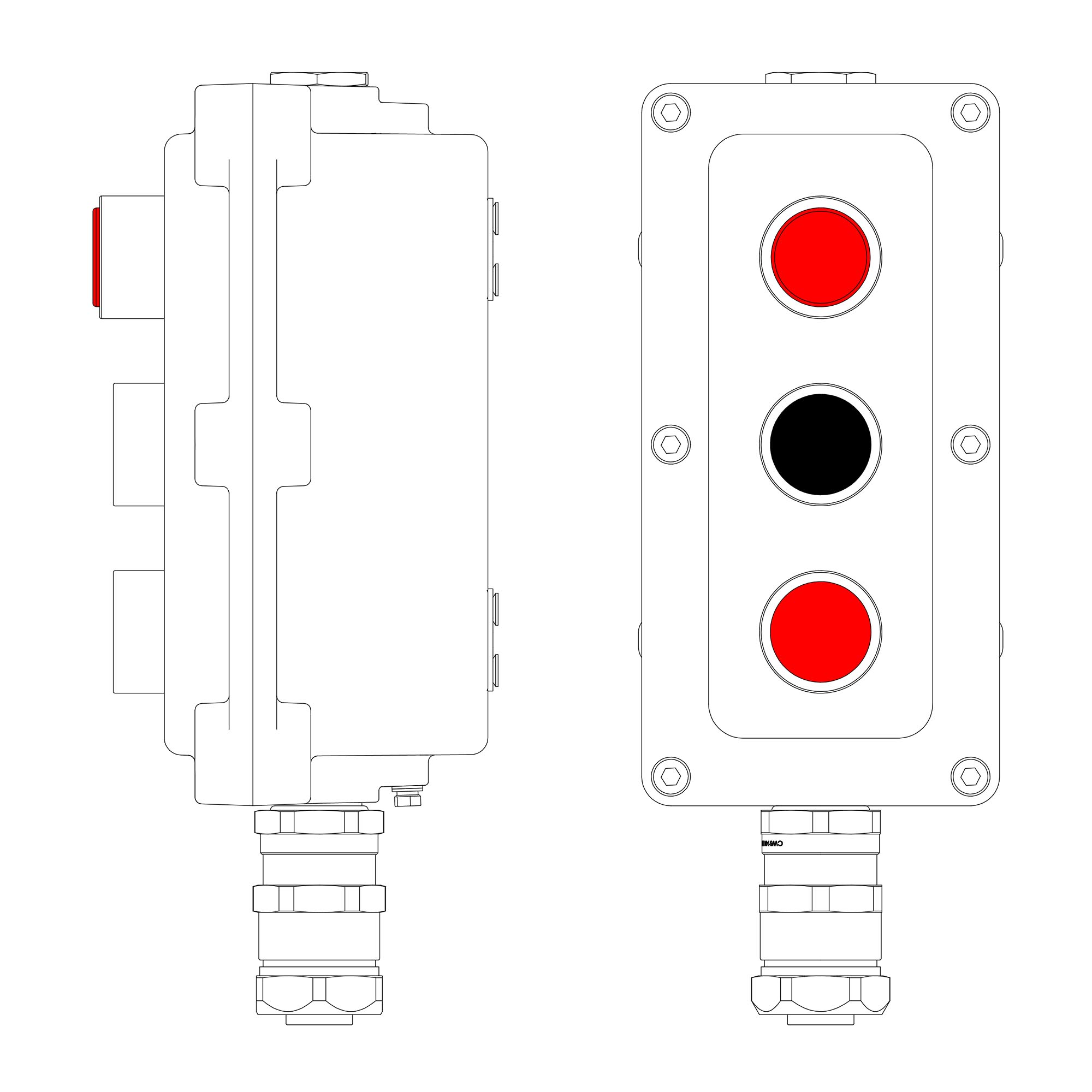 Взрывонепроницаемый пост управления из алюминия LCSD-03-B-MB-L1R(220)x1-P1B(11)x1-P1R(11)x1-PBMB-ANP15BMB / 1Ex d IIB T5 Gb / Ex tb IIIC T95°С Db IP66
