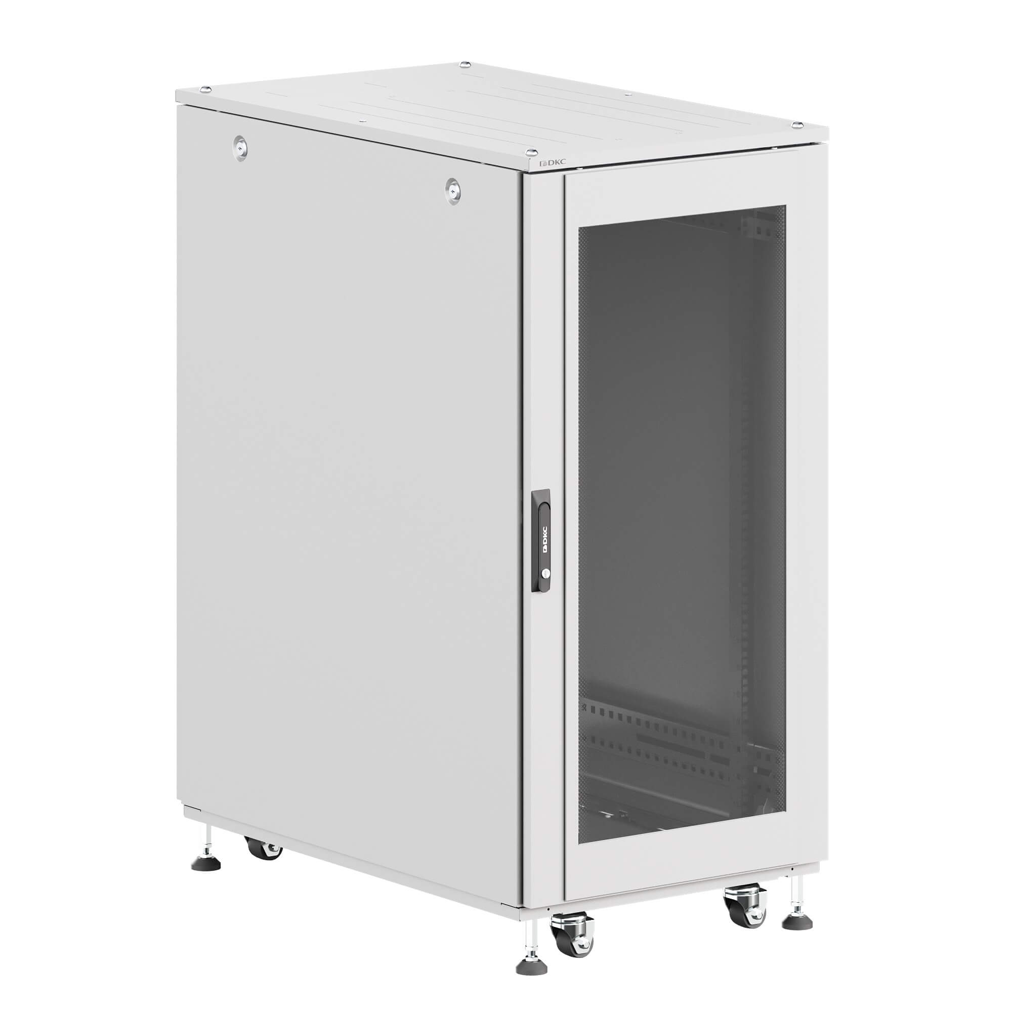 Шкаф ДКС телекоммуникационный, Серия Т, напольный, разобранный 19", 24U 600x600мм, крыша с вырубкой, дверь стекло и сплошная металл, одинарные боковые панели, серый RAL7035