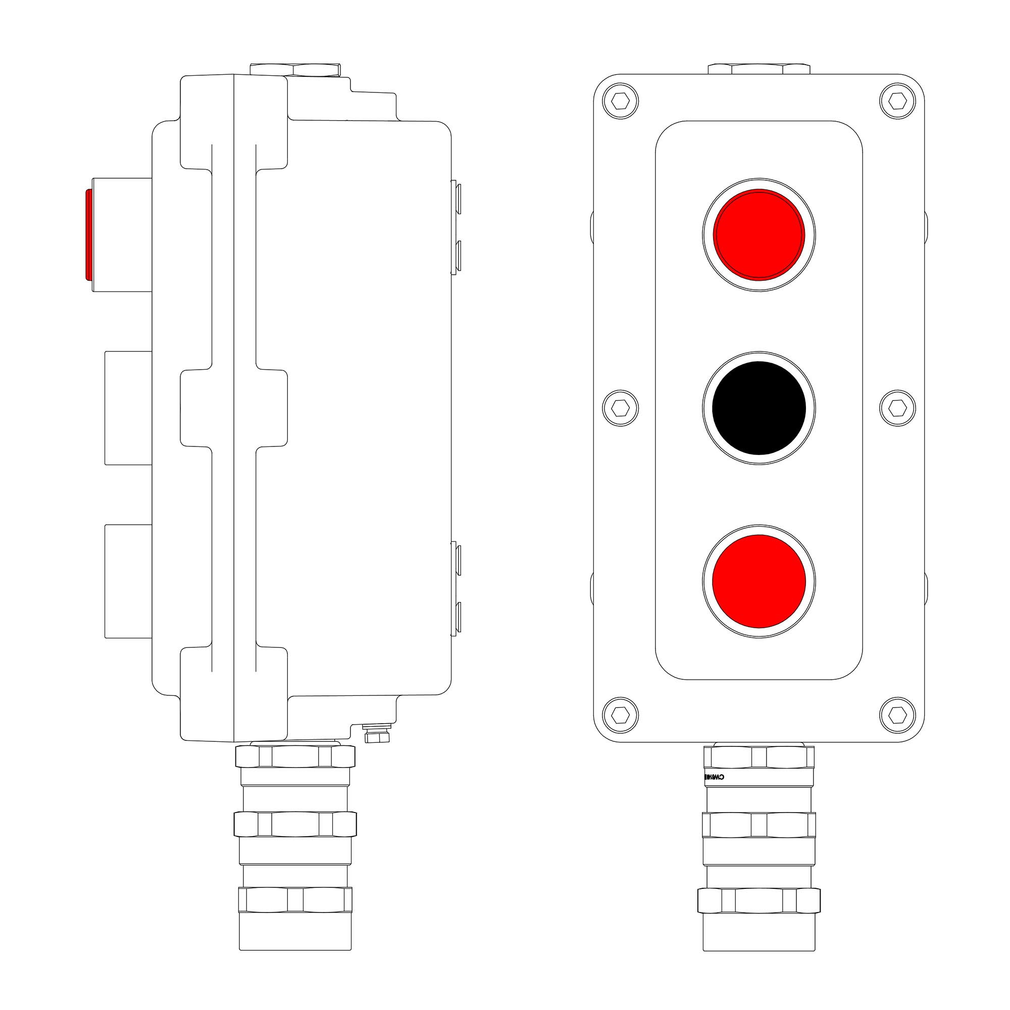 Взрывонепроницаемый пост управления из алюминия LCSD-03-B-MB-L1R(220)x1-P1B(11)x1-P1R(11)x1-PBMB-KA2MHK / 1Ex d IIB T5 Gb / Ex tb IIIC T95°С Db IP66
